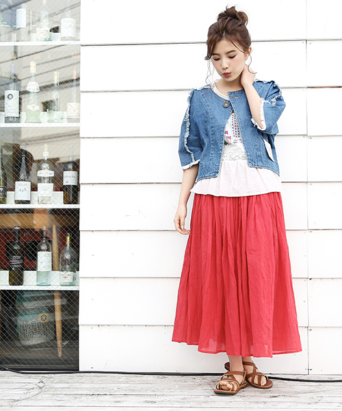 CUBE SUGAR（キューブシュガー）の「インド綿ボイル ギャザースカート（スカート・レディース・ネイビー/ゴールド/グリーン/レッド・M）」の4枚目の写真