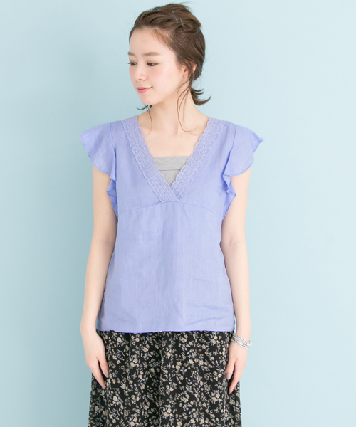 URBAN RESEARCH(アーバンリサーチ)の「UR Vネックレース付ラミーブラウス(シャツ/ブラウス・レディース・オフホワイト/ミント/サックスブルー・FREE)」の10枚目の写真