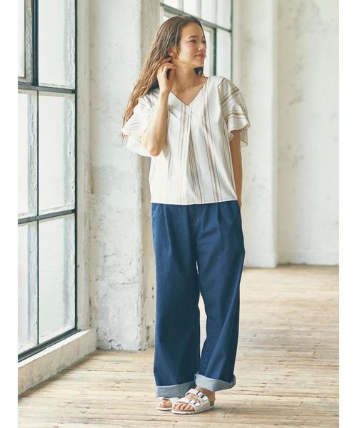 earth music&ecology（アースミュージックアンドエコロジー）の「・ストライプフレアスリーブVネックプルオーバー ●（シャツ/ブラウス・レディース・レッド/グリーン/ネイビー/ベージュ・FREE）」の9枚目の写真