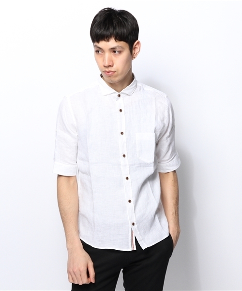 MEN'S MELROSE（メンズメルローズ）の「DELAVEリネン５分袖シャツ（シャツ/ブラウス・メンズ・ホワイト/グリーン/サックスブルー/ターコイズブルー/オレンジ・X-LARGE/MEDIUM/LARGE）」の2枚目の写真