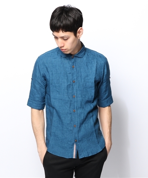 MEN'S MELROSE（メンズメルローズ）の「DELAVEリネン５分袖シャツ（シャツ/ブラウス・メンズ・ホワイト/グリーン/サックスブルー/ターコイズブルー/オレンジ・X-LARGE/MEDIUM/LARGE）」の4枚目の写真