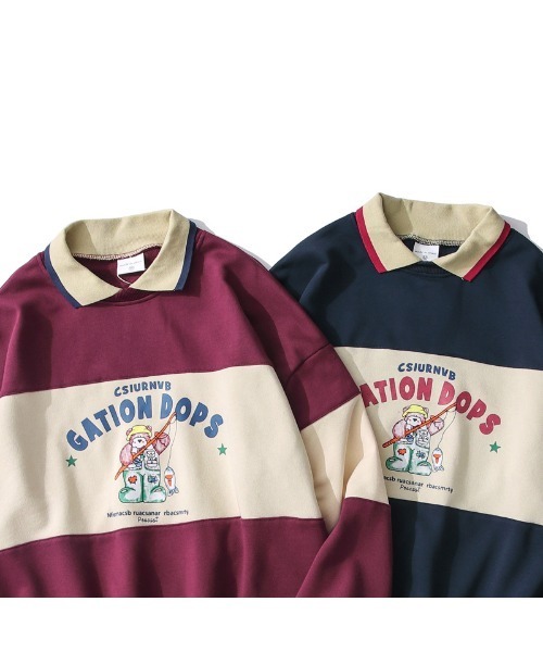 HOOK（フック）の「【HOOK】アメリカアンティーク風プリント 切替 長袖ポロシャツ（スウェット・メンズ・レッド/ネイビー・XL/M/L）」の8枚目の写真