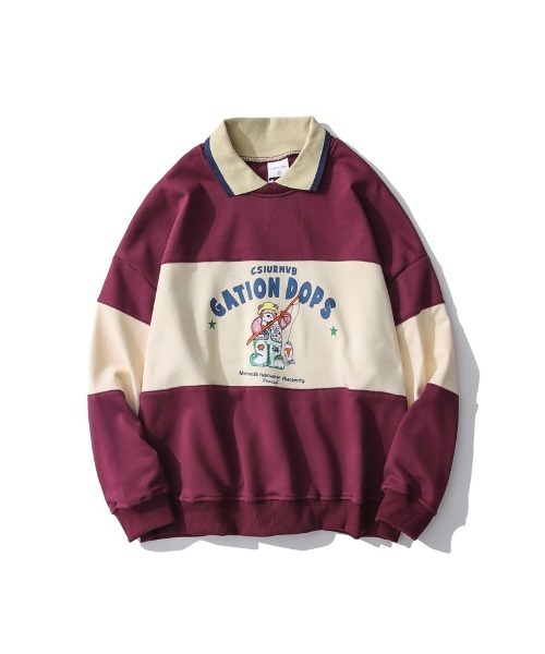 HOOK（フック）の「【HOOK】アメリカアンティーク風プリント 切替 長袖ポロシャツ（スウェット・メンズ・レッド/ネイビー・XL/M/L）」の5枚目の写真