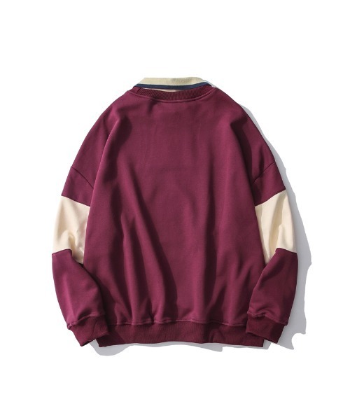 HOOK（フック）の「【HOOK】アメリカアンティーク風プリント 切替 長袖ポロシャツ（スウェット・メンズ・レッド/ネイビー・XL/M/L）」の4枚目の写真