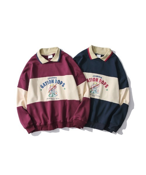 HOOK（フック）の「【HOOK】アメリカアンティーク風プリント 切替 長袖ポロシャツ（スウェット・メンズ・レッド/ネイビー・XL/M/L）」の17枚目の写真