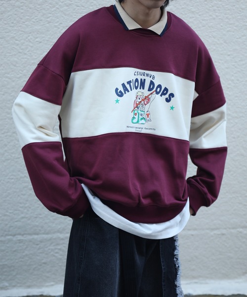 HOOK（フック）の「【HOOK】アメリカアンティーク風プリント 切替 長袖ポロシャツ（スウェット・メンズ・レッド/ネイビー・XL/M/L）」の22枚目の写真