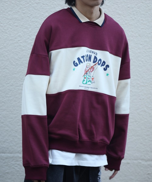 HOOK（フック）の「【HOOK】アメリカアンティーク風プリント 切替 長袖ポロシャツ（スウェット・メンズ・レッド/ネイビー・XL/M/L）」の21枚目の写真