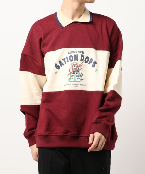 HOOK（フック）の「【HOOK】アメリカアンティーク風プリント 切替 長袖ポロシャツ（スウェット・メンズ・レッド/ネイビー・XL/M/L）」の18枚目の写真