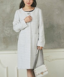 tocco closet | フラワービジューブローチ付き後ろりぼん装飾ツイードロングコート(ノーカラーコート)