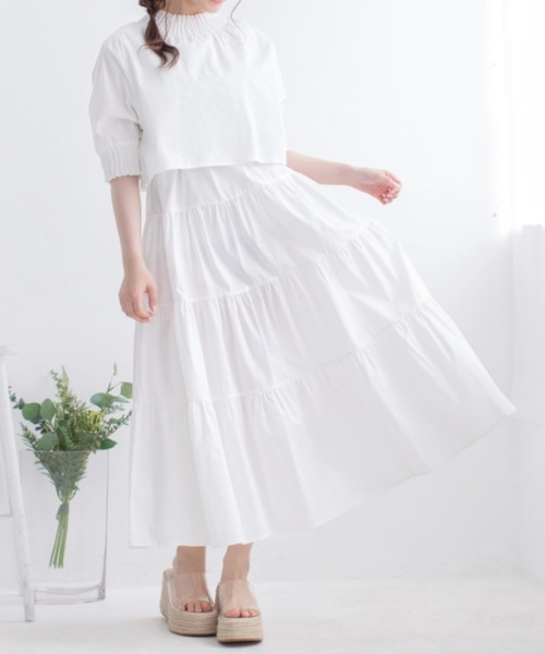 Mysa&Liina(ミーサリーナ)の「半袖ティアードワンピース(ワンピース・レディース・ベージュ/ネイビー/オフホワイト/イエロー/グリーン/ボルドー・M)」の1枚目の写真