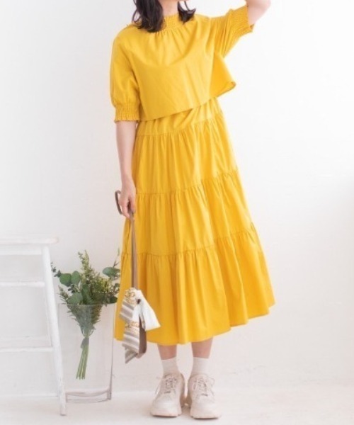 Mysa&Liina(ミーサリーナ)の「半袖ティアードワンピース(ワンピース・レディース・ベージュ/ネイビー/オフホワイト/イエロー/グリーン/ボルドー・M)」の5枚目の写真