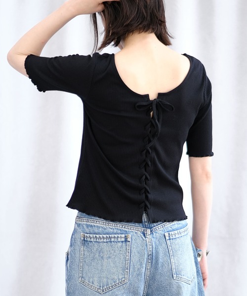 ＡＮＤＪ（アンドジェイ）の「バックレースアップラウンドネックテレコトップス（Tシャツ/カットソー・レディース・モカ/オフホワイト/ブラック・M）」の7枚目の写真