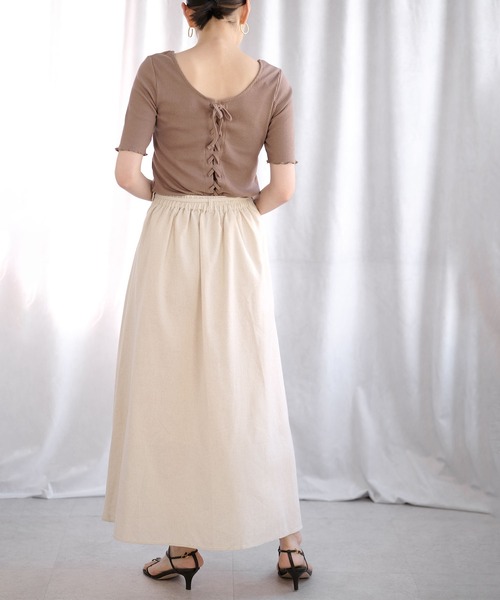 ＡＮＤＪ（アンドジェイ）の「バックレースアップラウンドネックテレコトップス（Tシャツ/カットソー・レディース・モカ/オフホワイト/ブラック・M）」の15枚目の写真