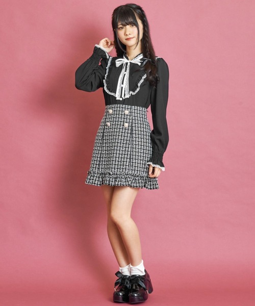 ダブルリボンスタンドカラーブラウス