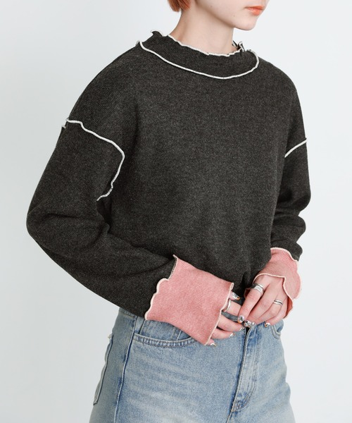 select MOCA（セレクトモカ）の「2022 SS プチハイネックバイカラーリブカットソー（Tシャツ/カットソー・レディース・ブラック/ベージュ・FREE）」の2枚目の写真