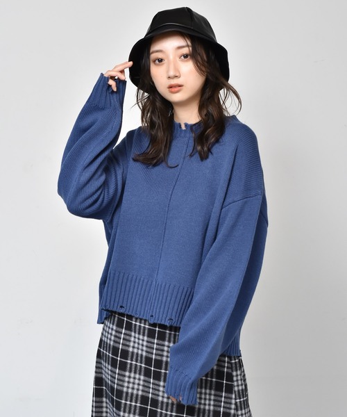 RETRO GIRL(レトロガール)の「アウトリッキングダメージニット(ニット/セーター・レディース・ダークブラウン/オレンジ/グリーン/ブラック系その他/ブルー・FREE)」の5枚目の写真