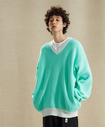 【LOGAN/ローガン 別注】カレッジニット Vネック オーバーシルエット/ワッペン付