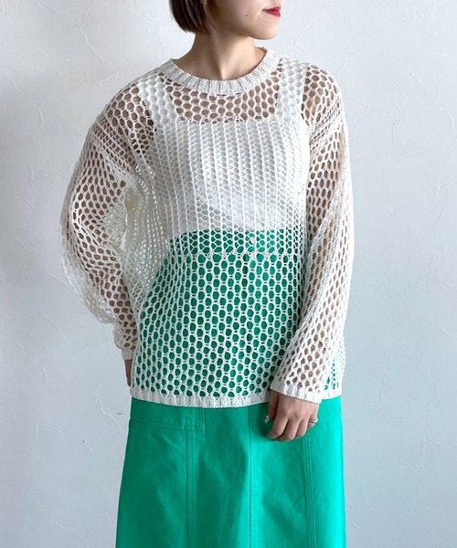 PAGEBOY(ページボーイ)の「パッチワークメッシュプルオーバー(ニット/セーター・レディース・オフホワイト/ブラック/ライム・FREE)」の1枚目の写真
