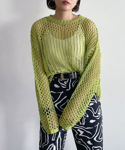 PAGEBOY(ページボーイ)の「パッチワークメッシュプルオーバー(ニット/セーター・レディース・オフホワイト/ブラック/ライム・FREE)」の3枚目の写真