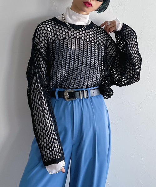 PAGEBOY(ページボーイ)の「パッチワークメッシュプルオーバー(ニット/セーター・レディース・オフホワイト/ブラック/ライム・FREE)」の2枚目の写真