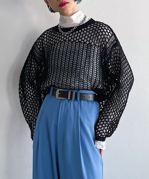 PAGEBOY(ページボーイ)の「パッチワークメッシュプルオーバー(ニット/セーター・レディース・オフホワイト/ブラック/ライム・FREE)」の6枚目の写真