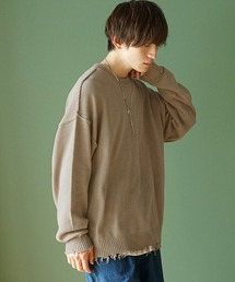 ニット オーバーサイズ ダメージ加工 ルーズシルエット クルーネックセーター