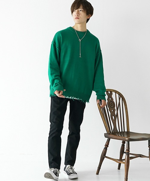 ニット オーバーサイズ ダメージ加工 ルーズシルエット クルーネック