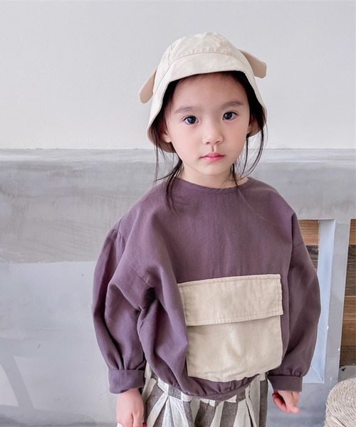 aimoha(アイモハ)の「aimoha-KIDS- 可愛いビッグポケットトップス(Tシャツ/カットソー・キッズ・ダークグレー/ベージュ・110/90/100/80/120/130)」の2枚目の写真