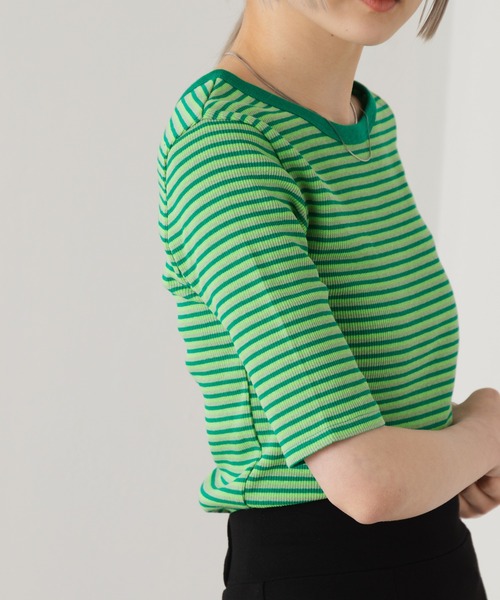 Kastane（カスタネ）の「【新色追加】ボーダーリンガーチビTee（Tシャツ/カットソー・レディース・サックスブルー/イエロー/グリーン/オフホワイト/ピンク・FREE）」の19枚目の写真
