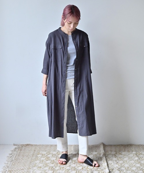 【美品】モユル　シャツコート・ワンピース・羽織り・シアサッカー・ワイド・変形 美品】モユル シャツコート・ワンピース・羽織り・シアサッカー