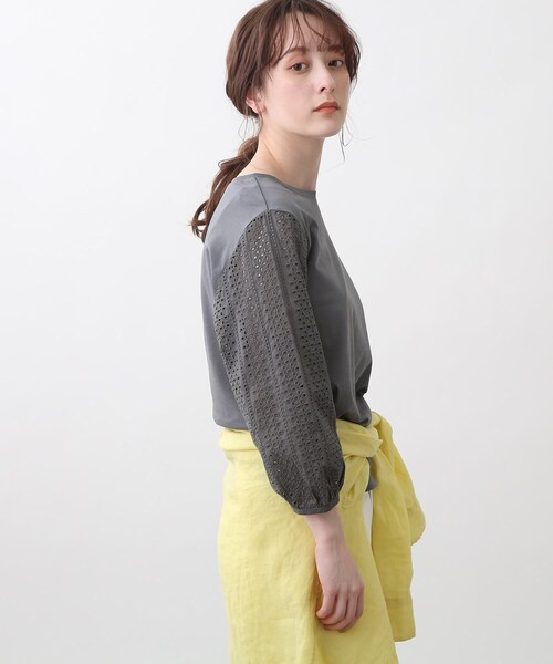 【新品】INDIVI インディヴィ 黒パフ袖カットソー INDIVI tシャツ 「洗える／吸水速乾／UVケア」ねじりデザイン袖
