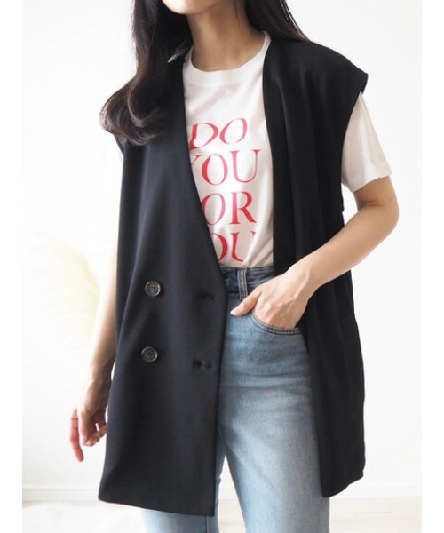 Green　Parks（グリーンパークス）の「natsumi-wearプロデュースアイテム　ジョーゼットダブルボタンベスト（ベスト・レディース・ライトグレー/ブラック/ベージュ・FREE）」の2枚目の写真