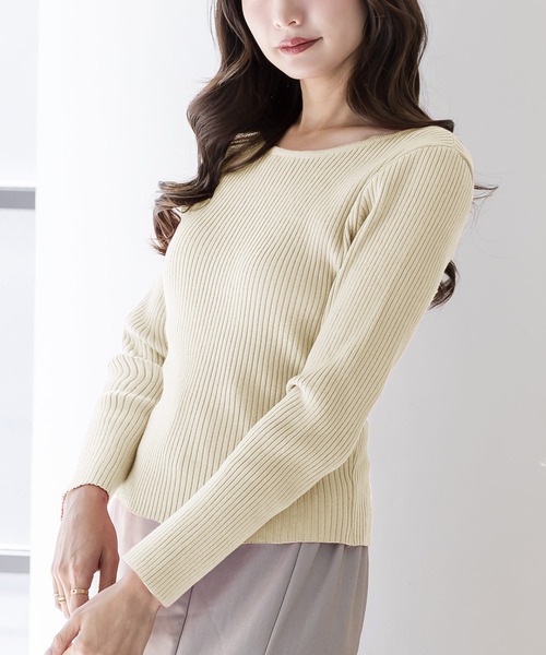 Julia Boutique(ジュリアブティック)の「前後2WAYネックパーソナルカラーリブニットトップス/22613(ニット/セーター・レディース・ブラック/ブルー/ピンク/チャコール/パープル/アイボリー/ブラウン/ライトピンク/ライトブルー/オレンジ/ネイビー/ボルドー/イエロー/パープル系/ベージュ/グリーン・ONE)」の2枚目の写真