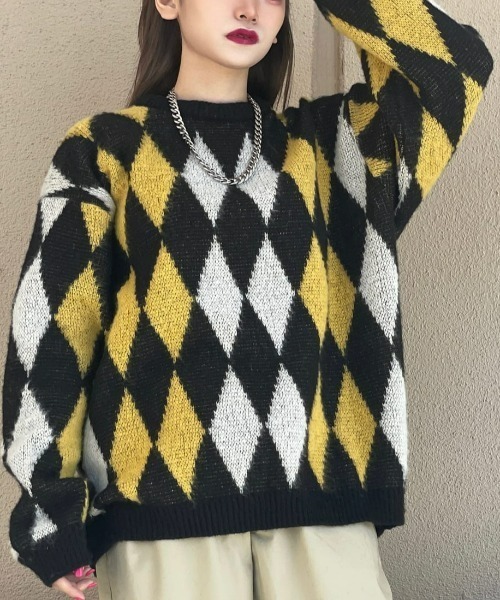 Right-on（ライトオン）の「総柄シャギーニットクルー（ニット/セーター・メンズ・ゴールド/ブルー/ダークブラウン/パープル/ブラック×レッド/ブラック/ワイン/グリーン/ブラック×グレー・L/XL/M）」の9枚目の写真