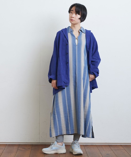 YOLI&OTIS ストライプ ワンピース 6y 水色 ブルー リネン ギャザー