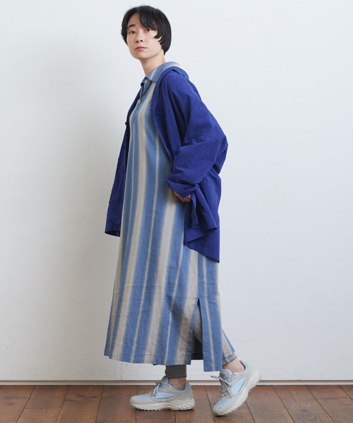 うさとの服　ワンピース　コート　ストライプ　ブルー×ベージュ yuni（ユニ ）の「オンブレストライプ ワンピース C/R/L ombre