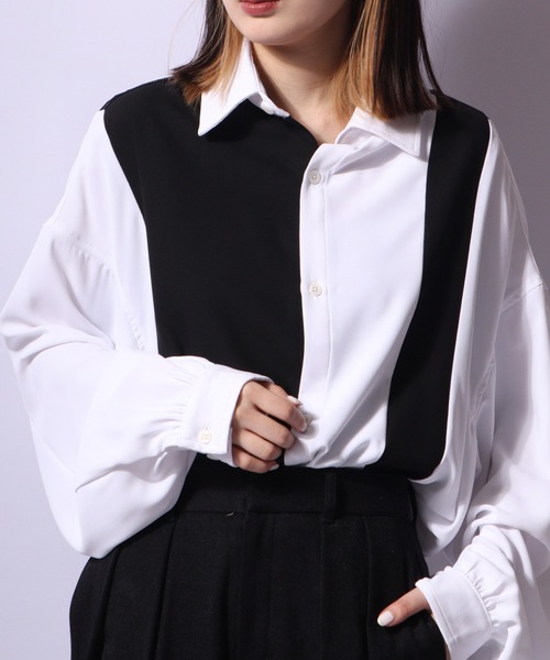 SUGGESTION(サジェッション)の「SUGGESTION ジョーゼットバルーンスリーブ切替シャツ(シャツ/ブラウス・メンズ・ホワイト/ホワイト系その他/ブラック系その他/ブラック・L/M)」の3枚目の写真