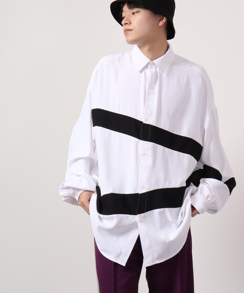 SUGGESTION(サジェッション)の「SUGGESTION ジョーゼットバルーンスリーブ切替シャツ(シャツ/ブラウス・メンズ・ホワイト/ホワイト系その他/ブラック系その他/ブラック・L/M)」の2枚目の写真