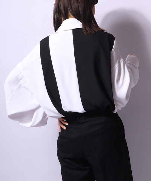 SUGGESTION(サジェッション)の「SUGGESTION ジョーゼットバルーンスリーブ切替シャツ(シャツ/ブラウス・メンズ・ホワイト/ホワイト系その他/ブラック系その他/ブラック・L/M)」の20枚目の写真