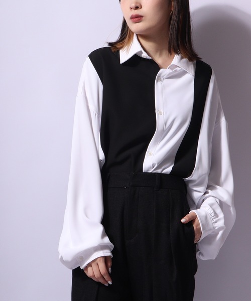 SUGGESTION(サジェッション)の「SUGGESTION ジョーゼットバルーンスリーブ切替シャツ(シャツ/ブラウス・メンズ・ホワイト/ホワイト系その他/ブラック系その他/ブラック・L/M)」の18枚目の写真