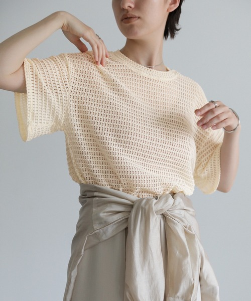 select MOCA(セレクトモカ)の「ドロップショルダーハーフスリーブメッシュトップス(Tシャツ/カットソー・レディース・アイボリー/ブラック/グリーン・FREE)」の1枚目の写真