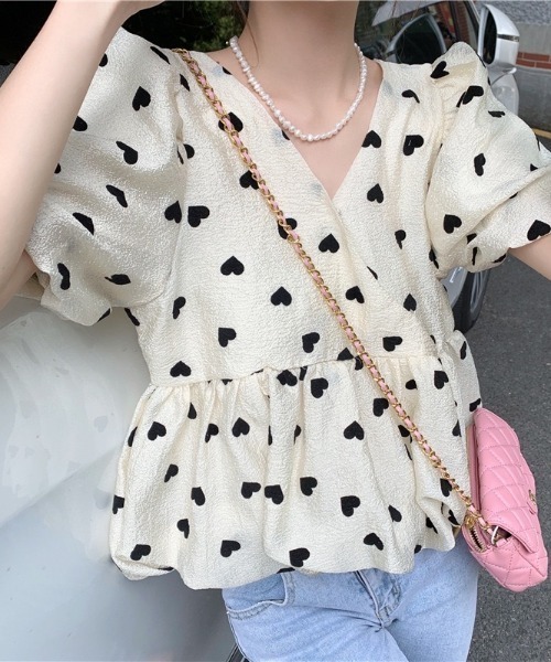 ハート柄パフスリーブ半袖ブラウス（シャツ/ブラウス）｜Chick