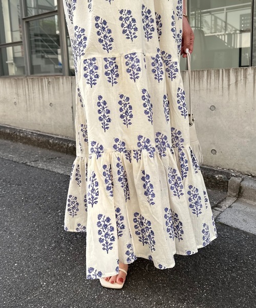 未使用級 ヌキテパ 25SS Cotton Voile Print Blouse Cotton Voile Sedum Foil Print Waist Gather Dress | Pasand by
