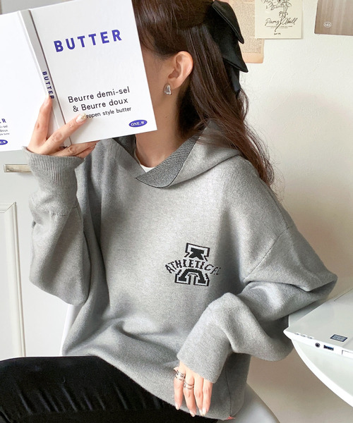 ロゴ ニットパーカー ショップニコニコ ShopNikoNiko ショート丈 ジップアップ ニット