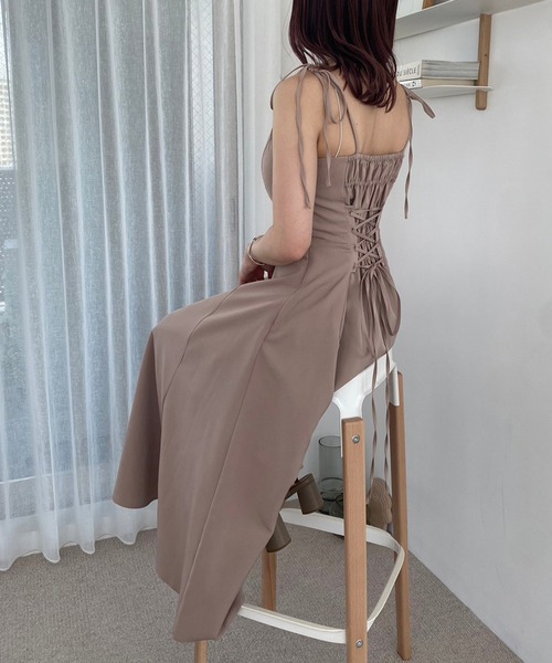 one after another NICE CLAUP（ワンアフターアナザーナイスクラップ）の「【S/M/Lサイズ】バックレースアップフレアキャミワンピース（ワンピース・レディース・ブラウン/ベージュ/ネイビー・SMALL/MEDIUM/LARGE）」の6枚目の写真