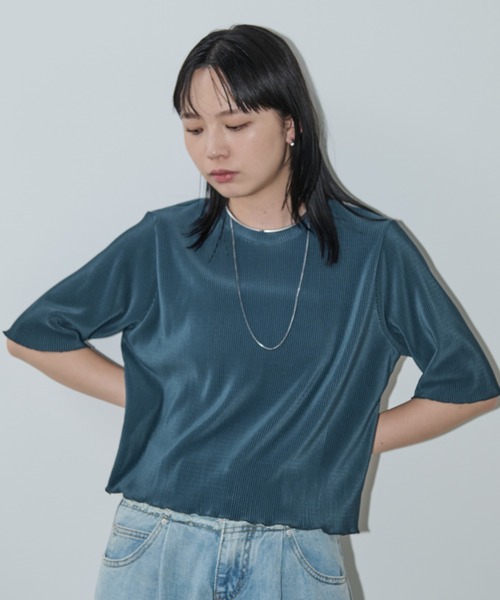 Aunt Marie's(アントマリーズ)の「ハーフスリーブミニプリーツクロップドトップス(Tシャツ/カットソー・レディース・ホワイト/グリーン/ブラック/チャコールグレー・FREE)」の14枚目の写真