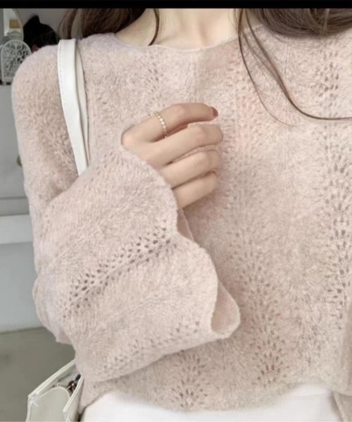 deux amour(ドゥーザムール)の「スカラップ袖透かし編み短丈ニット(ニット/セーター・レディース・ホワイト/ピンク・FREE)」の2枚目の写真