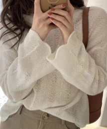 スカラップ袖透かし編み短丈ニット