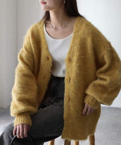 Riberry（リベリー）の「シャギーVネックカーディガン（カーディガン/ボレロ・レディース・オレンジ/ブルー/ブラウン/ピンク/イエロー/アイボリー/グレー/ブラック/オレンジ系/ピンク系/レモンイエロー/ミント・FREE）」の7枚目の写真