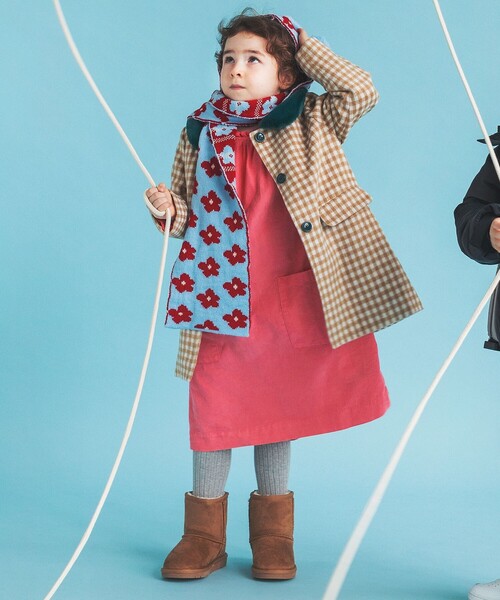 B:MING by BEAMS（ビーミングバイビームス）の「B:MING by BEAMS / ファー襟 チェック柄 コート（100~140cm）（ノーカラーコート・キッズ・ベージュ/ワインレッド・100/110/130/140/120）」の3枚目の写真